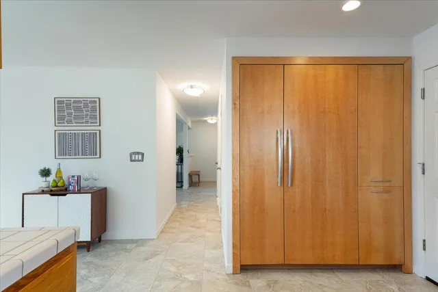 a view of a room with a window