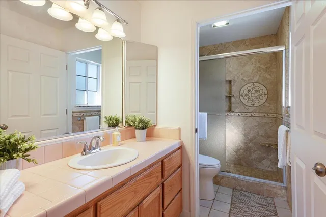 a bathroom with a granite countertop sink a toilet and a large mirror