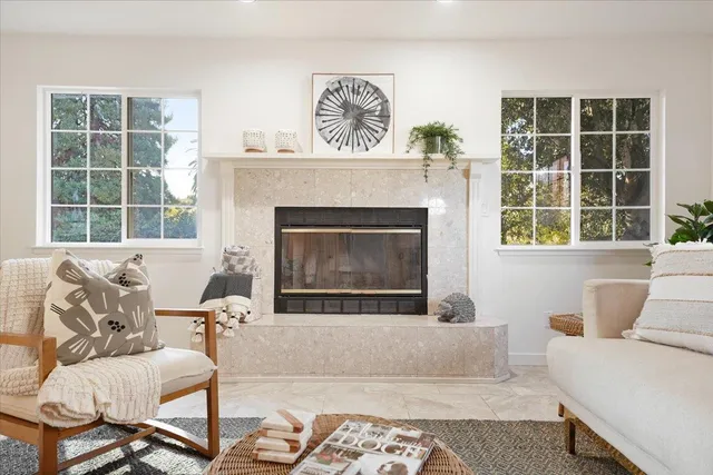 a living room with furniture and a fireplace