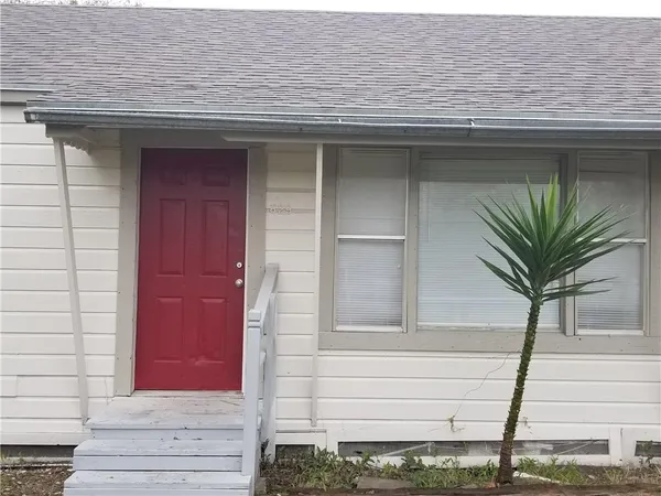 a potted plant in front of a door
