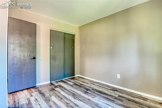 a view of a room with wooden floor and closet