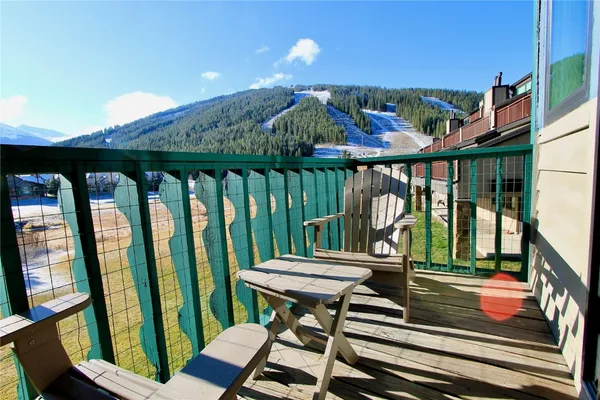 a view of a balcony with chairs