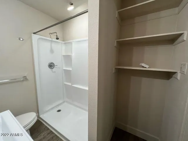 a bathroom with a shower and a toilet