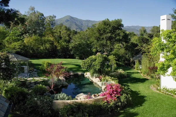 a view of a garden with a flower garden