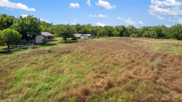 a view of a field with trees in the background
