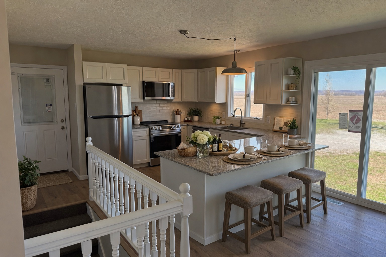 676 Swan Pond Road Jacob, IL 62950 - Photo 26 of 42 a kitchen with stainless steel appliances kitchen island granite countertop a refrigerator a stove a sink dishwasher and white cabinets with wooden floor