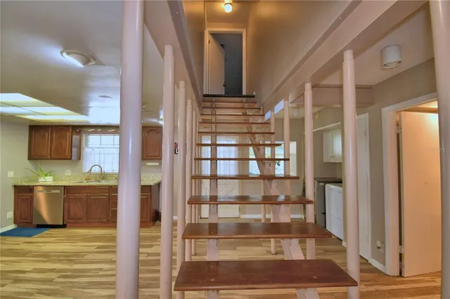 a view of a dining room with furniture