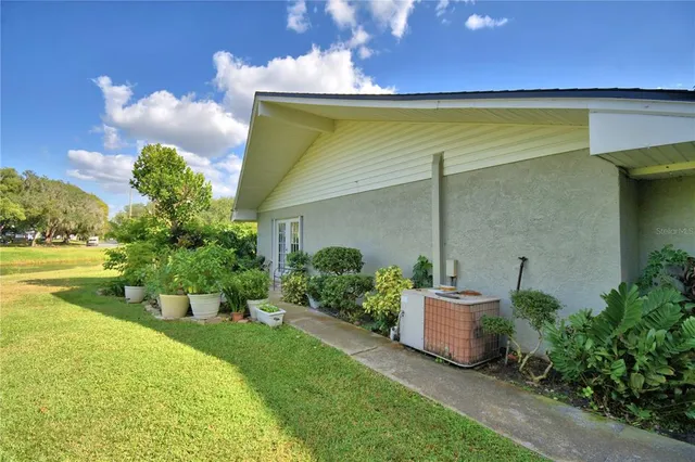 a view of a park with large trees