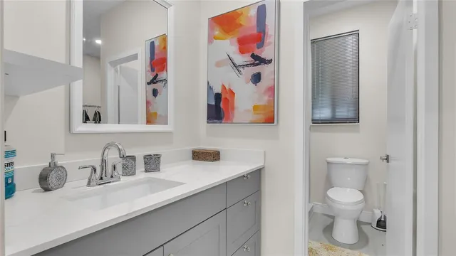 a bathroom with a sink a toilet and a mirror