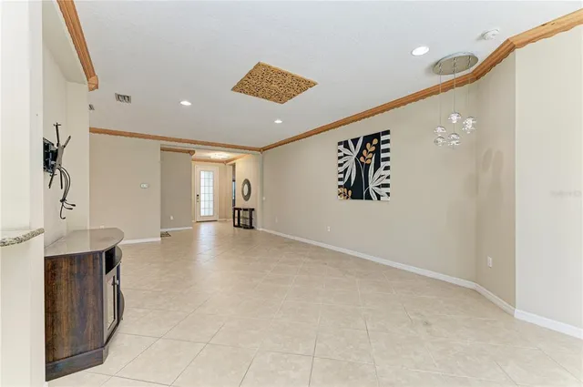a view of a hallway with seating area