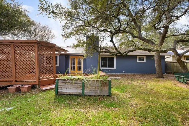 a view of a park with large trees