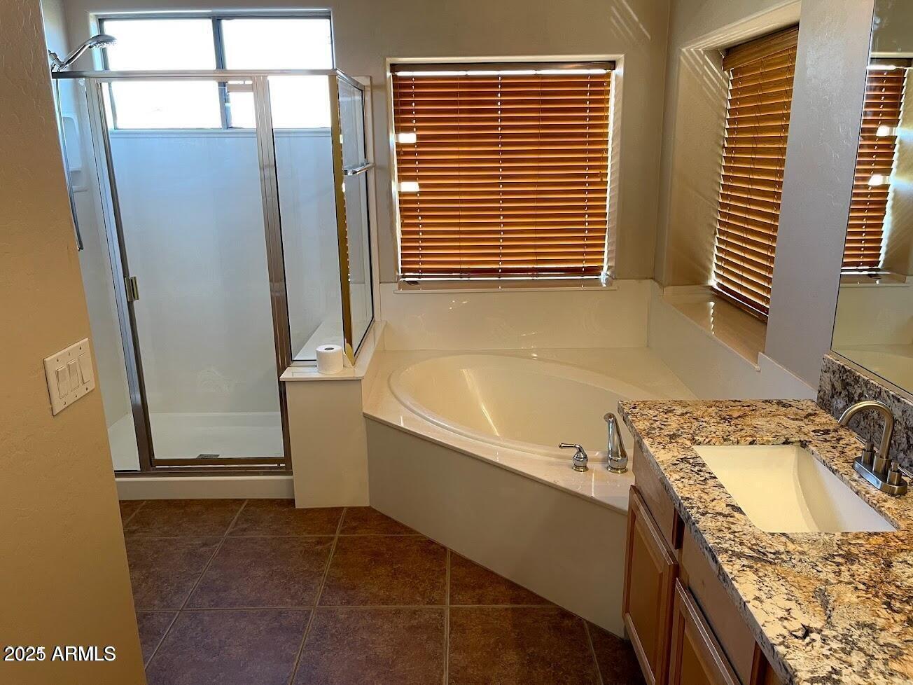 3235 East Devonshire Court Gilbert, AZ 85297 - Photo 22 of 28 a bathroom with a granite countertop sink and a tub
