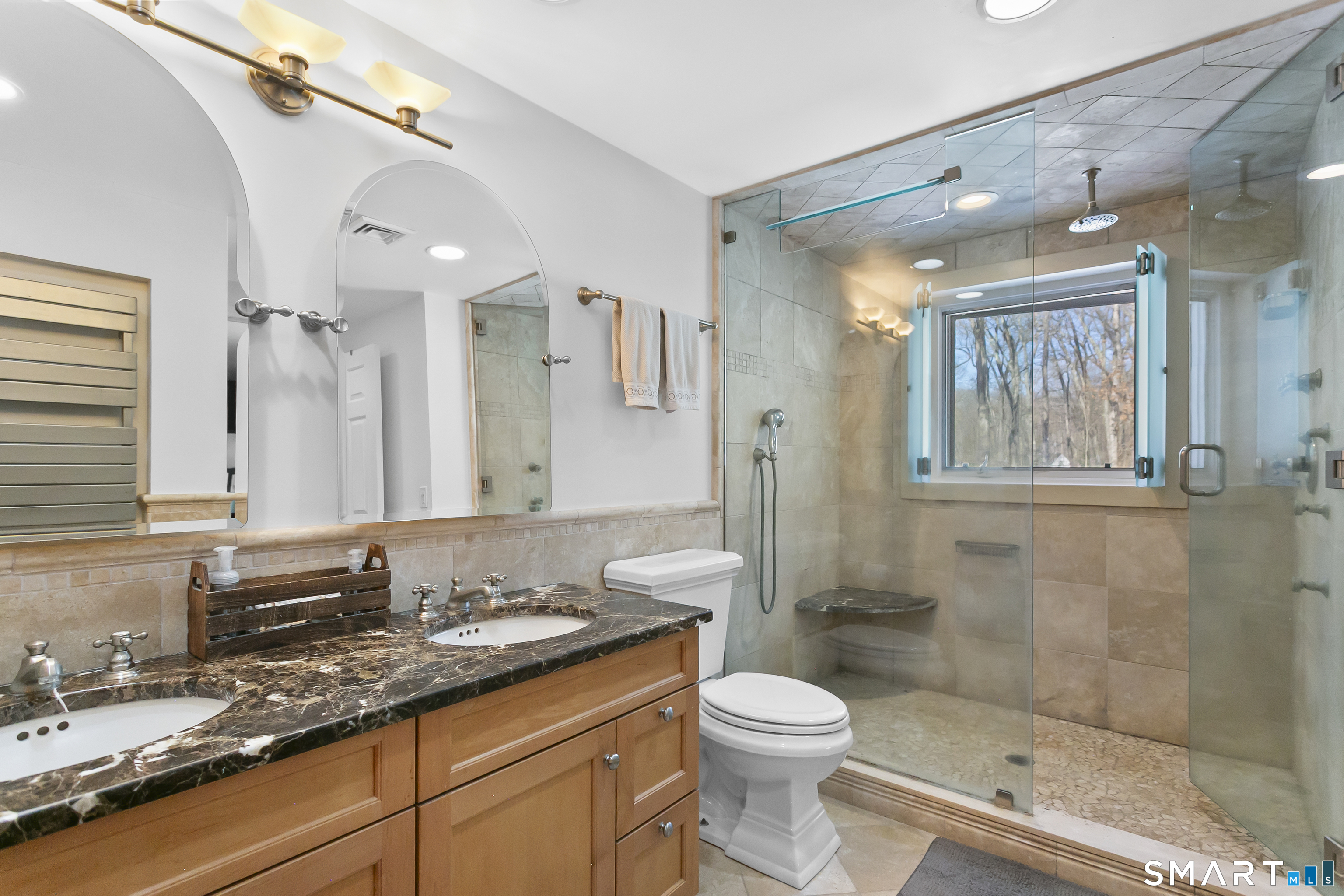 205 Weston Road Weston, CT 06883 - Photo 14 of 21 a bathroom with a granite countertop sink toilet and shower