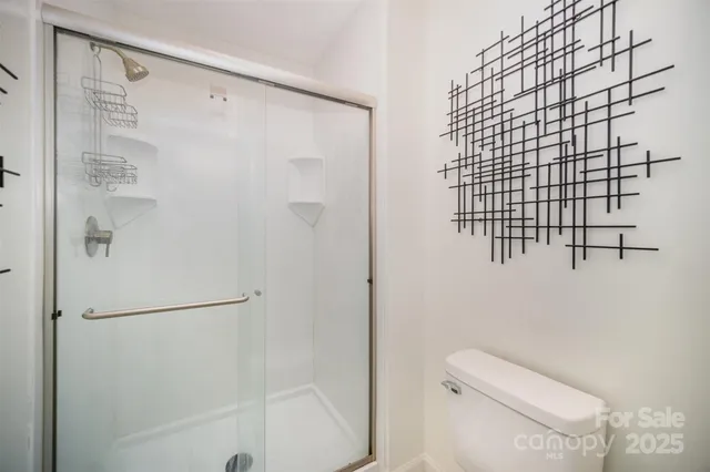 a bathroom with a shower and toilet