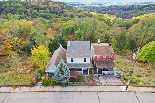 an aerial view of a house with a yard and a large tree