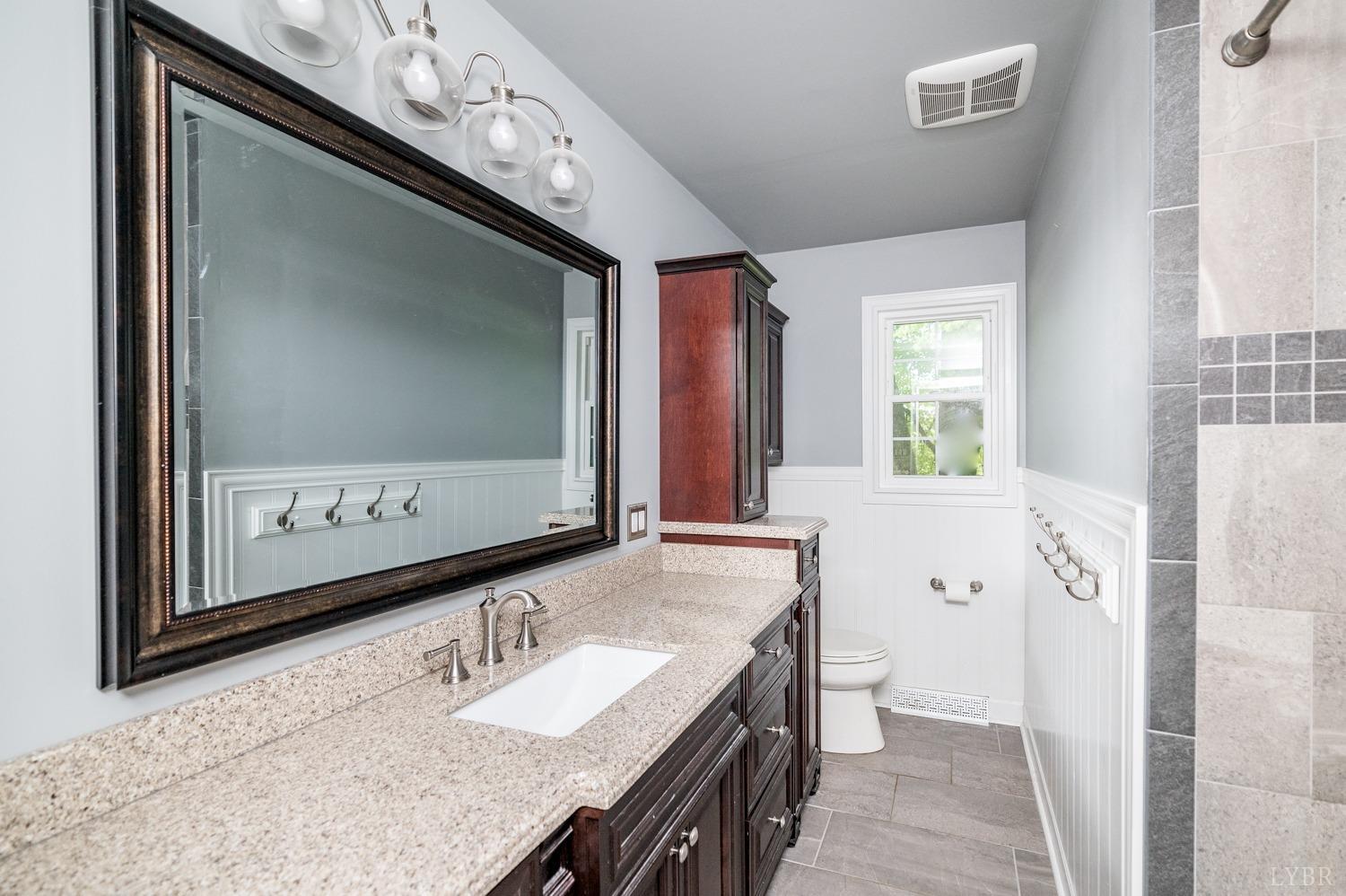 2901 Goode Station Road Goode, VA 24556 - Photo 40 of 57 a bathroom with a granite countertop sink a mirror and a shower