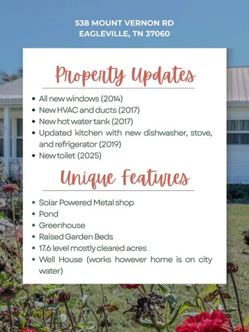 $899,900 | 538 Mt Vernon Road, Eagleville, TN 37060