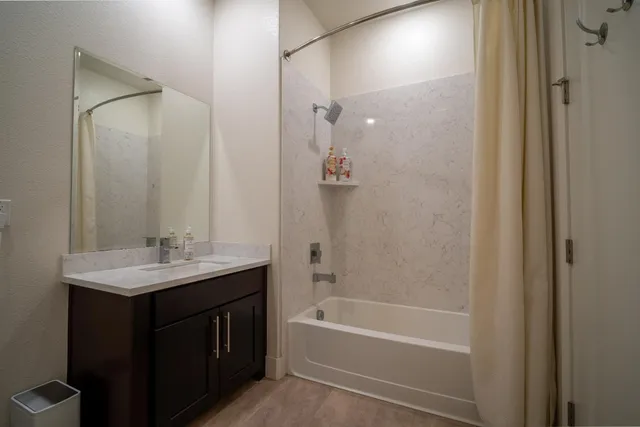 a bathroom with a bath tub sink mirror and shower