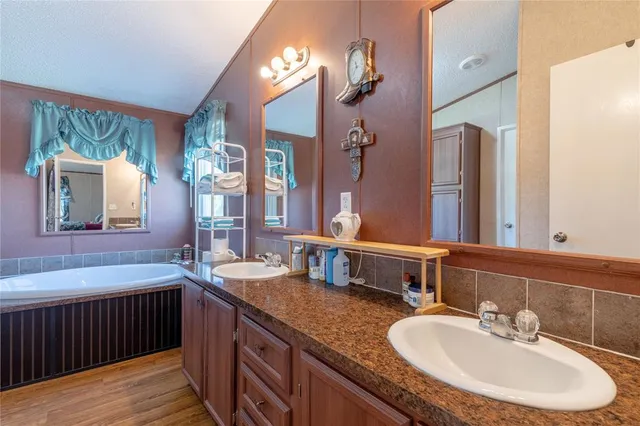 a bathroom with a granite countertop sink and a large mirror