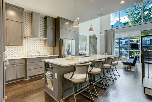 a kitchen with cabinets and counter space