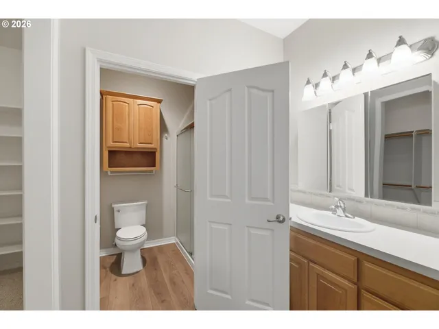 a bathroom with a toilet a sink a mirror and vanity