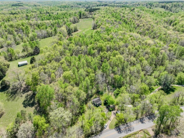 an aerial view of residential houses with outdoor space and trees