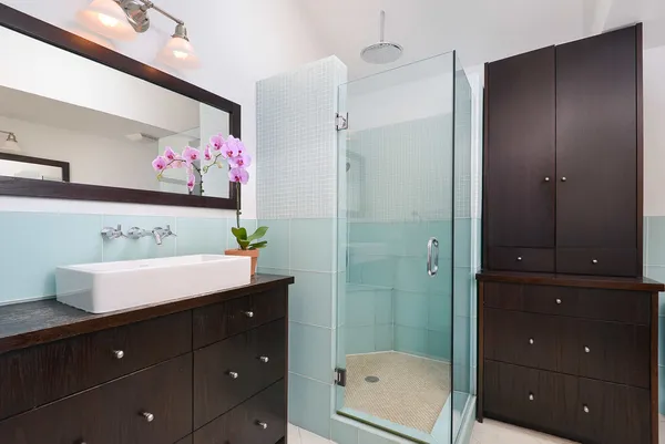 a bathroom with a granite countertop sink a mirror and shower