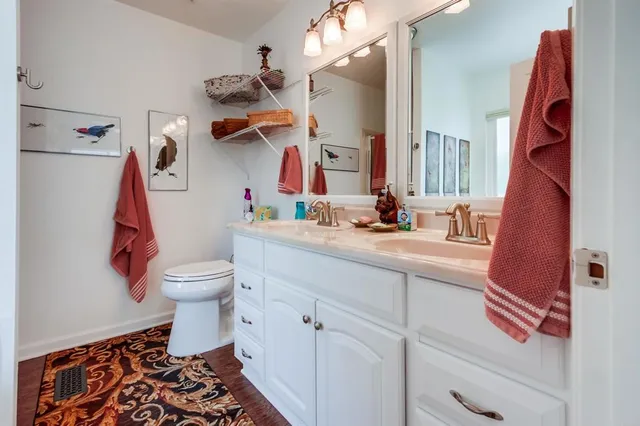 a bathroom with a sink a toilet and a mirror