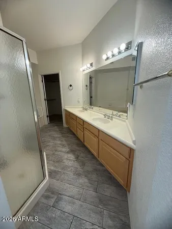 a bathroom with a sink a mirror and a shower