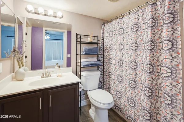 a bathroom with a sink a toilet and shower curtain