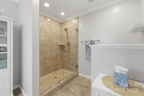 a bathroom with a shower and a toilet