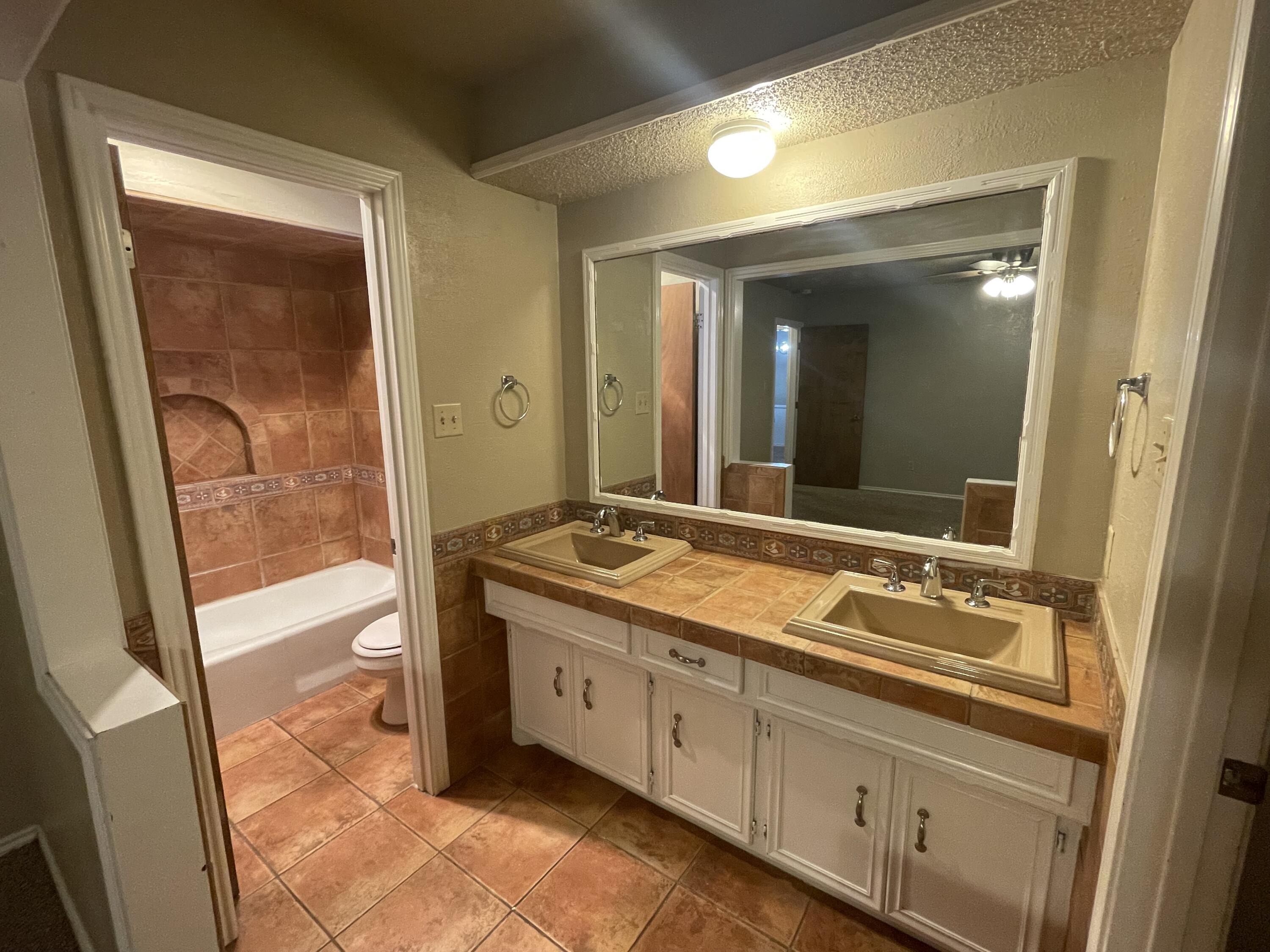 4434 78th Street Lubbock, TX 79424 - Photo 6 of 11 a bathroom with a granite countertop sink a mirror and a bathtub