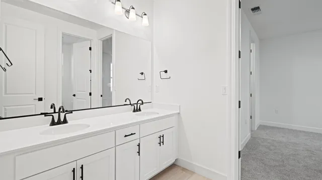 a bathroom with a sink and mirror