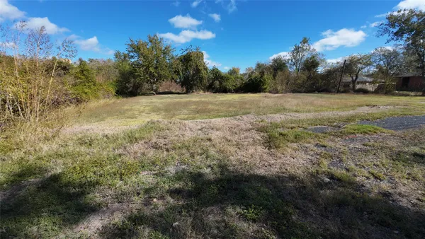 a view of a field with trees in the background