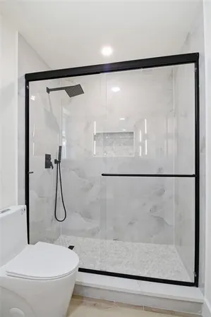a bathroom with a shower and a toilet
