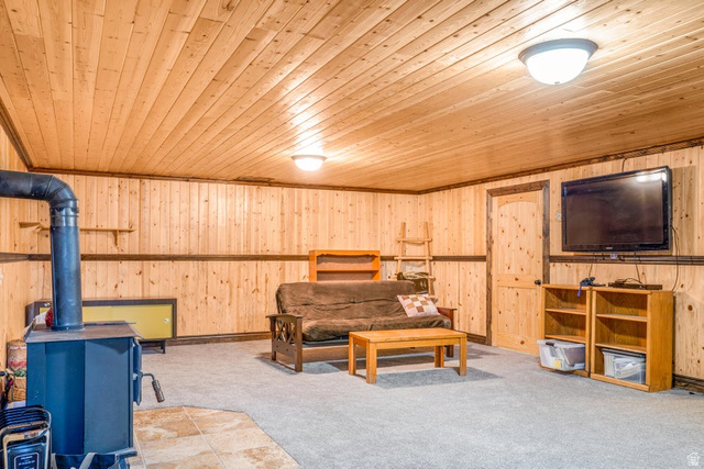 48 South Sage Road Pine Valley, UT 84781 - Photo 42 of 61 Finished room featuring a ceiling and walls clad in wood paneling, a dark-colored wood-burning stove with an exposed flue, and light-colored carpeting