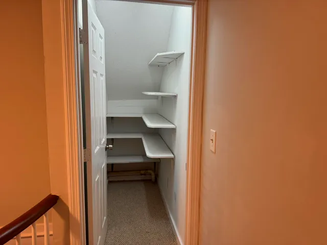 a view of a hallway with wooden floor and closet