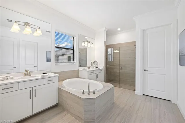a bathroom with a tub a sink double vanity and a mirror