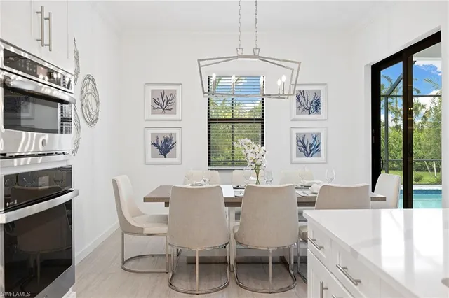 a view of a dining room with furniture window and outside view