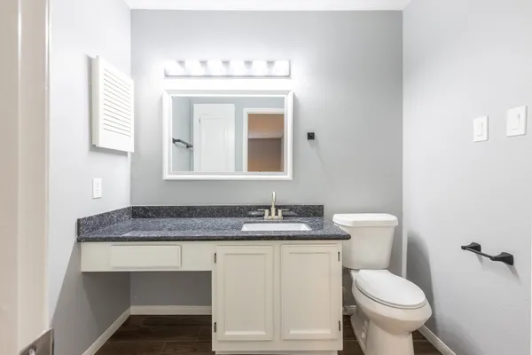 a bathroom with a granite countertop toilet sink and mirror
