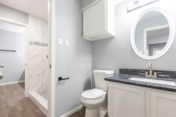 a bathroom with a granite countertop toilet sink and mirror