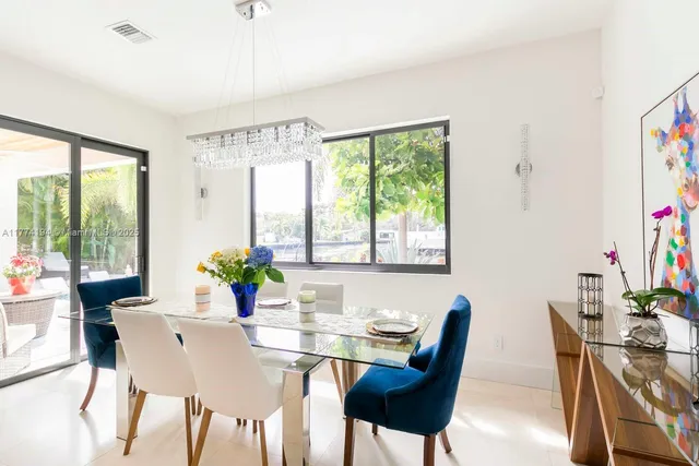 a view of a dining room with furniture window and outside view