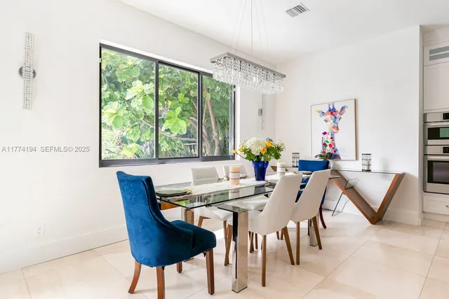 a view of a dining room with furniture window and outside view