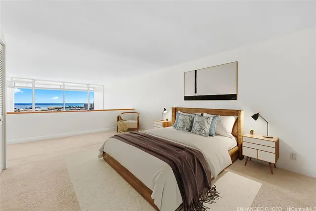 a bed room with a bed and a night stand