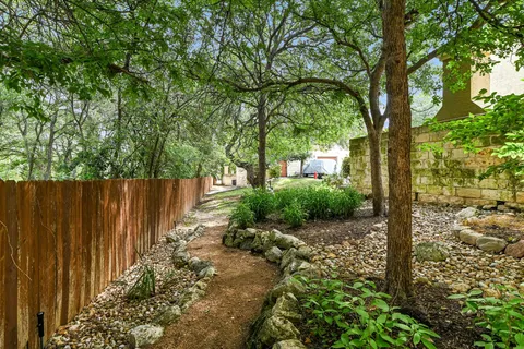 a view of a pathway with a tree in front of it