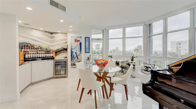a view of a dining room with furniture window and outside view