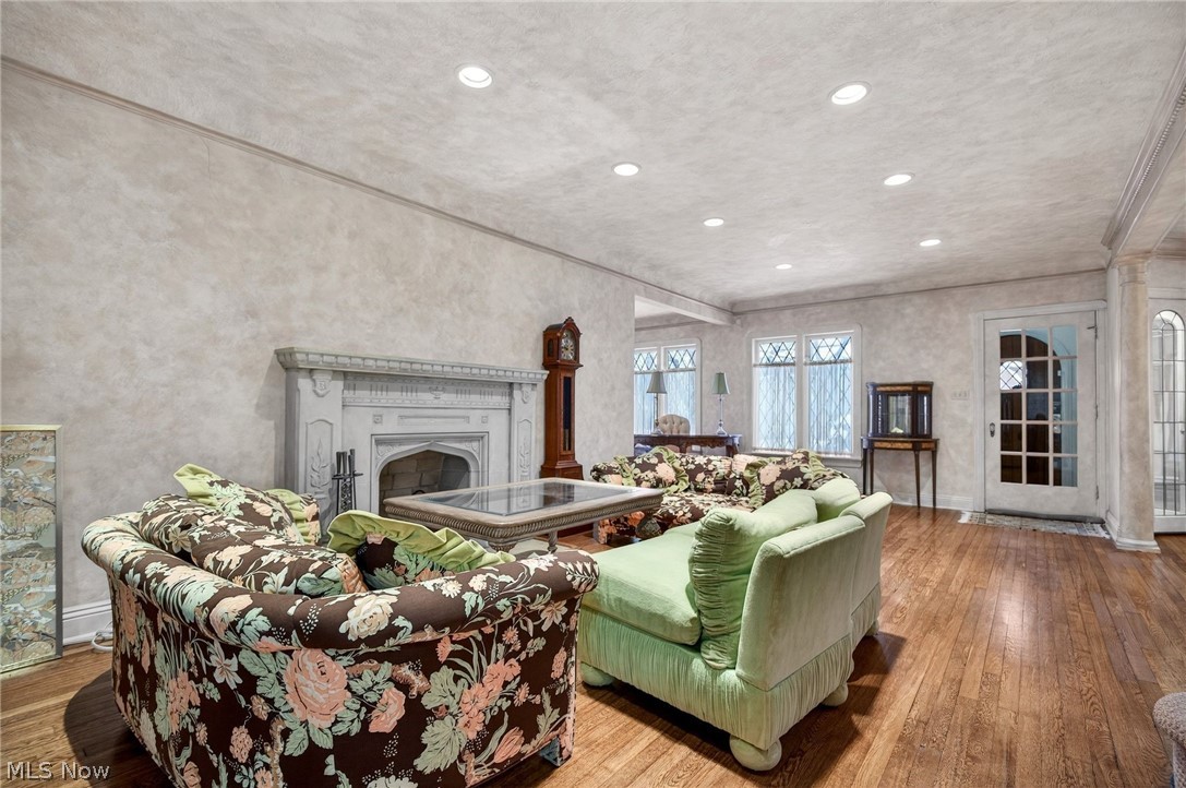 3498 Bainbridge Road Cleveland Heights, OH 44118 - Photo 9 of 50 Living room featuring hardwood / wood-style flooring, a fireplace, and recessed lighting