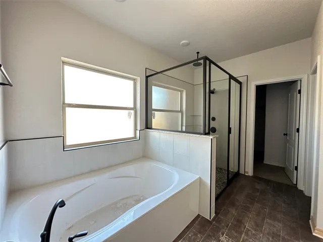 a bathroom with a tub a sink and a window