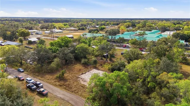 an aerial view of residential houses with outdoor space and trees
