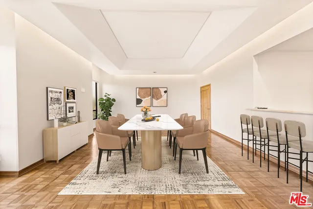 a view of a dining room with furniture